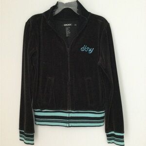 DKNY kid black w/ aqua stripe, velour zipper jacket with pockets, size M(10/12)
